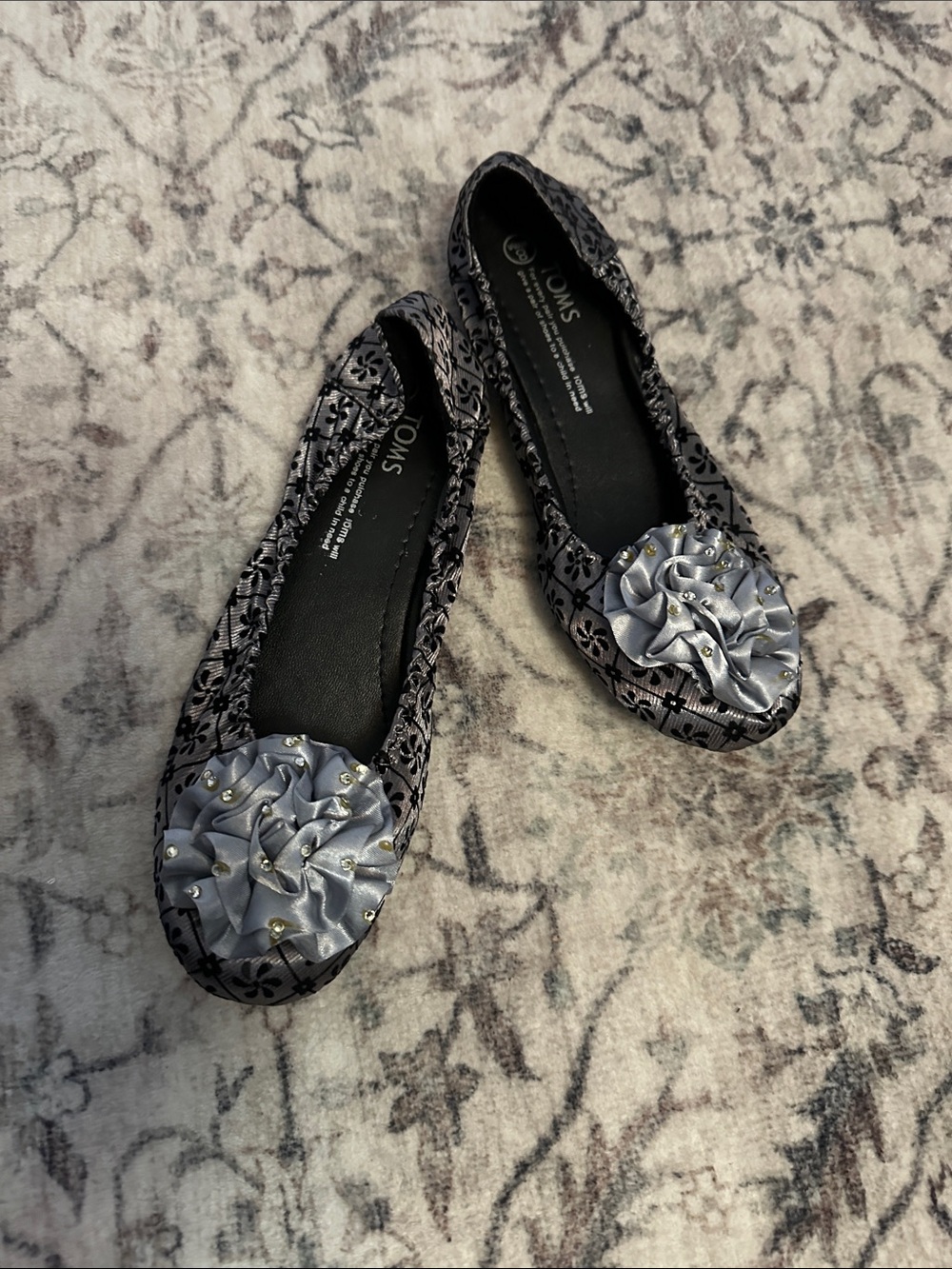 TOMS Gray Floral Ballet Flats with Satin Rosette
